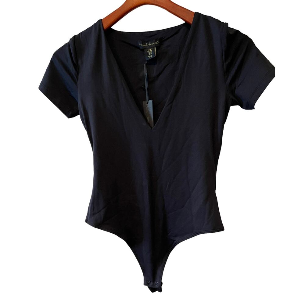 House of Harlow 1960 Revolve Short Sleeve V neck Bodysuit Black M